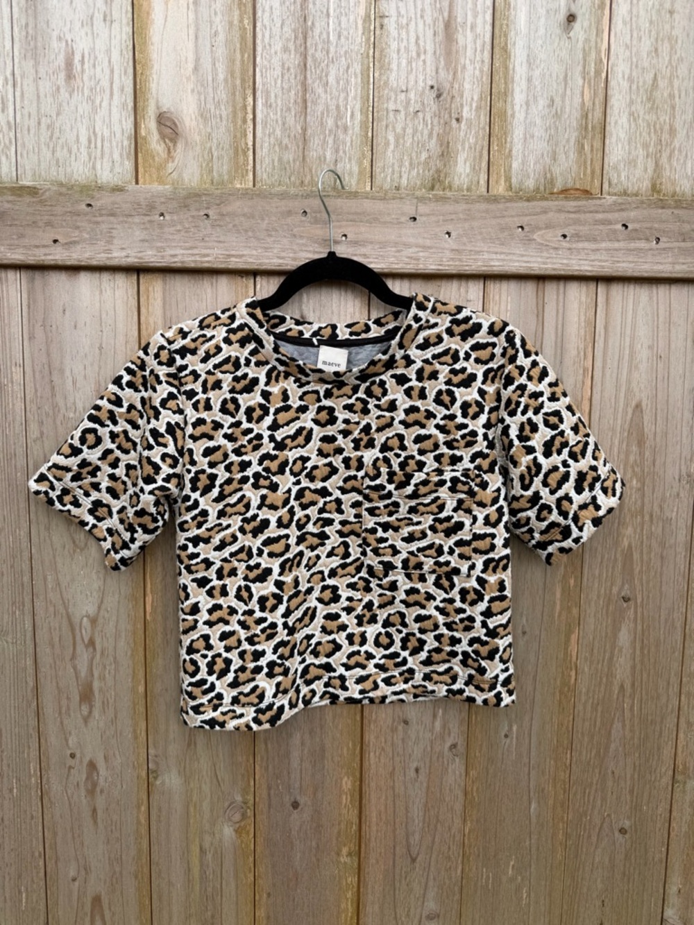 Maeve Anthropologie Leopard-Print Short Sleeve Knit Boxy Tee Top in Beige Black - Picture 2 of 6